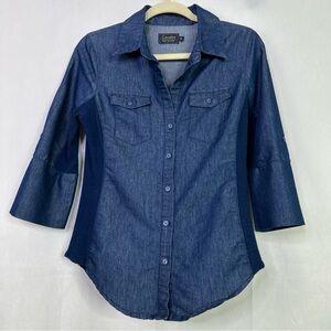 Cavalini Petite Collection Blue Denim Rolled Cuff V-Neck Blouse